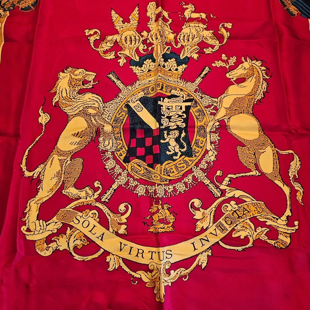 Vintage 1986 Ginnie Johansen Silk Scarf Heraldic Crest Red Navy Gold Japan